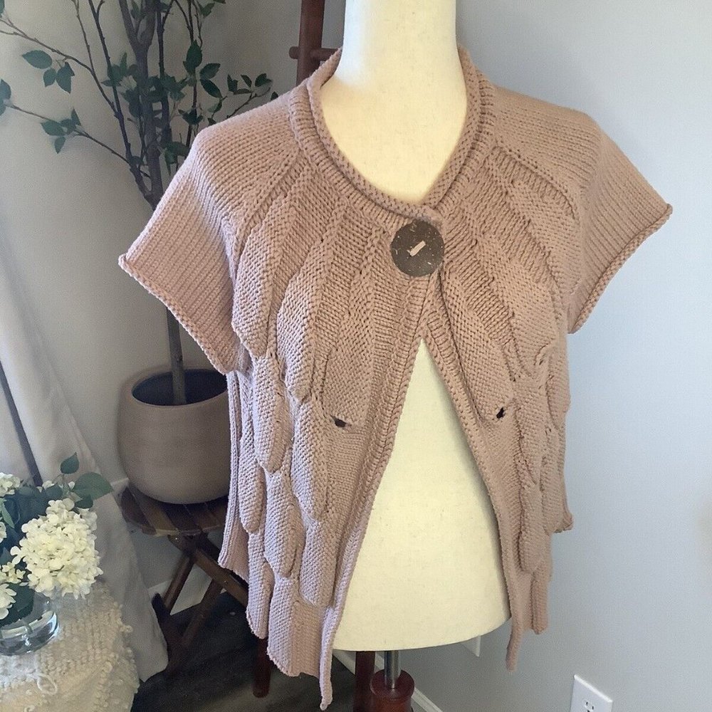 Pure Handknit M/L Cardigan Chunky Knit Short Sleeve Pink Grannycore Sweater